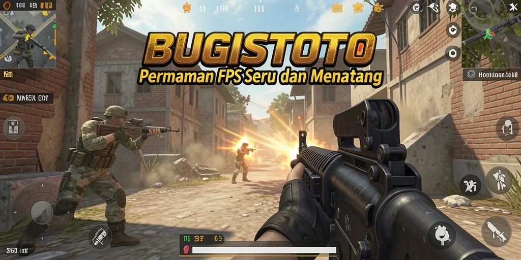 Screenshot utama BUGISTOTO menampilkan aksi gameplay FPS intens.