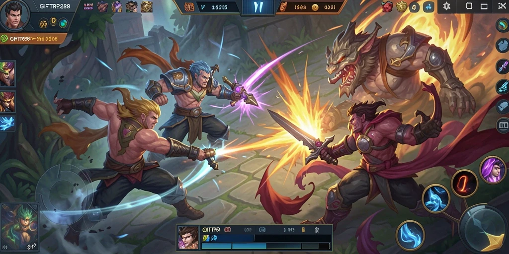 Screenshot utama menunjukkan aksi seru dalam pertempuran MOBA.