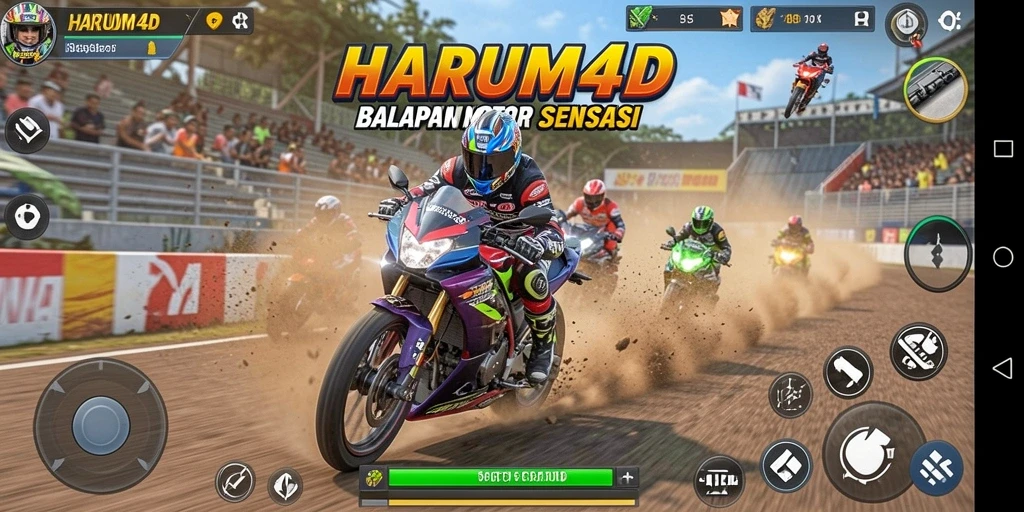 Tampilan gameplay HARUM4D yang menggembirakan dalam balapan motor.