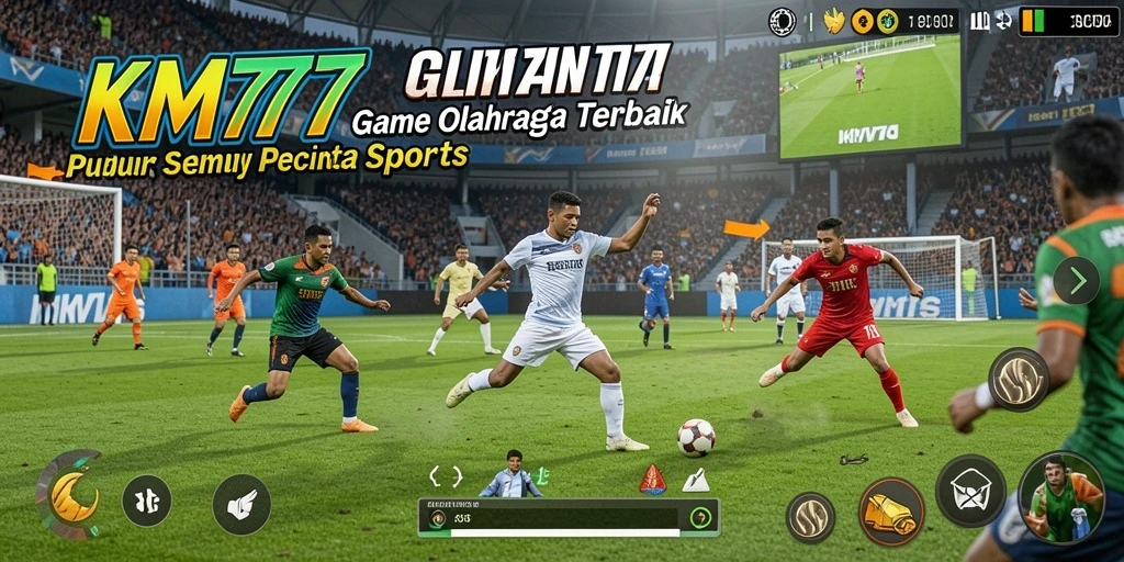 Screenshot utama KM777 menampilkan aksi seru dalam pertandingan olahraga.
