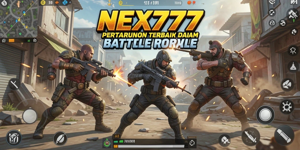 Screenshot NEX777 menunjukkan aksi intens dalam pertandingan Battle Royale.