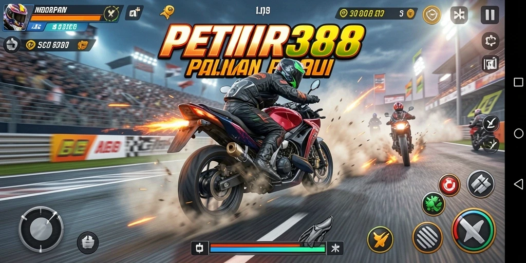 Screenshot gameplay PETIR388 menampilkan aksi balapan motor yang menegangkan.