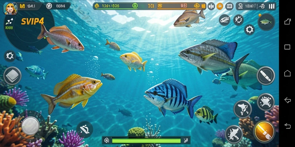 Gameplay SVIP4 dengan berbagai ikan menarik yang sedang ditangkap.